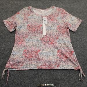 NWT Intro Love The Fit Petite Red Floral Print‎ Short Sleeve Tie T-Shirt Top